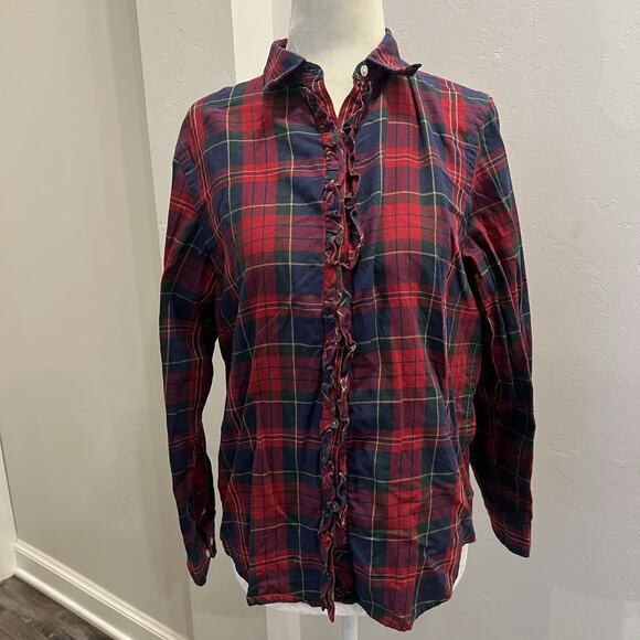 Lauren Ralph Lauren Women’s Plaid Button Front Ruffle Top Petite M (A0127) - Picture 1 of 6